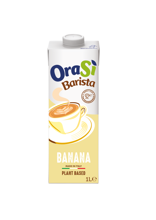 1-liter carton of OraSì Barista Banana plant-based drink with a screw cap, illustrated with a latte art coffee cup.