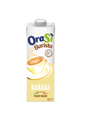 1-liter carton of OraSì Barista Banana plant-based drink with a screw cap, illustrated with a latte art coffee cup.