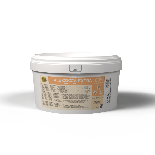 White plastic tub labeled "Albicocca Extra 60% Confettura/Jam," 2.8 kg, with an orange and beige product label.