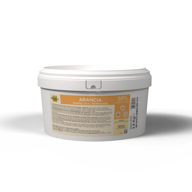 White plastic tub labeled "Arancia Marmellata/Marmalade 50%," net weight 2.8 Kg, on a white background.