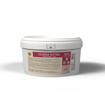 White 2.8kg plastic tub labeled "Ciliegia Extra 60% Confettura/Jam" with a pink and beige product label.