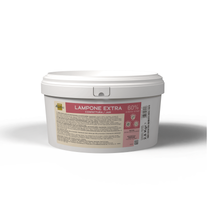 White plastic tub of Lampone Extra 60% raspberry jam, 2.8 kg, with pink label on a white background.