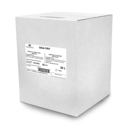 White cardboard box labeled "Giga Frit," a 20L vegetable oil blend for professional frying use.