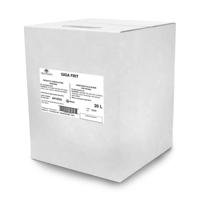 White cardboard box labeled "Giga Frit," a 20L vegetable oil blend for professional frying use.