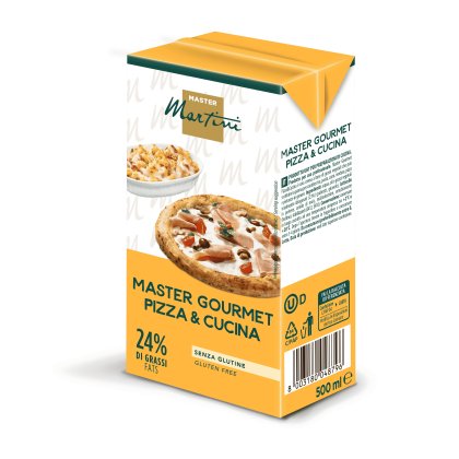 Yellow 500ml carton of Master Martini Master Gourmet Pizza & Cucina cream, gluten free, 24% fat, with pizza and grati...