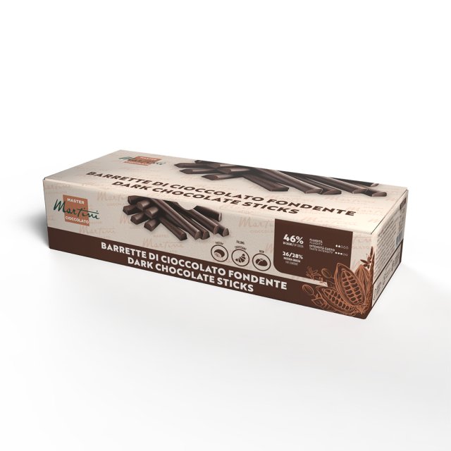 Rectangular box of Master Martini dark chocolate sticks, showing 46% cocoa content on beige and brown packaging.