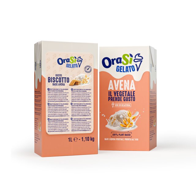 Two OraSì Gelato cartons, Biscotto and Avena oat-based flavors, 1L each, with ice cream scoop imagery on packaging.