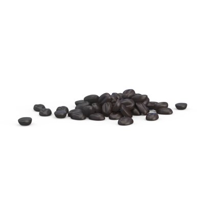 Small pile of dark, glossy black beans scattered on a plain white background.