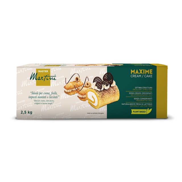Master Martini Maxime Cream/Cake box, 2.5kg, with a Swiss roll image, plant-based and lactose-free labeling.