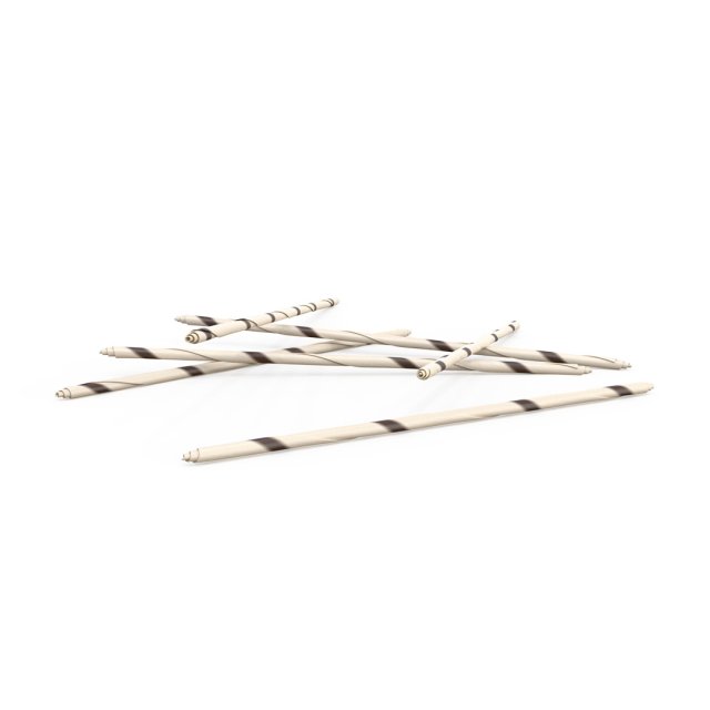 Several paper drinking straws with a beige and dark brown spiral stripe pattern, scattered crisscrossed on a white ba...