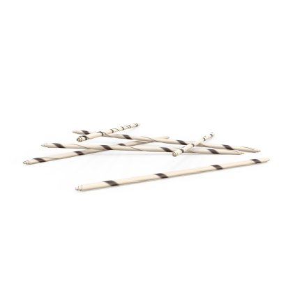 Several paper drinking straws with a beige and dark brown spiral stripe pattern, scattered crisscrossed on a white ba...