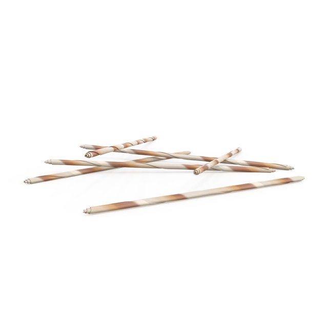 Five thin wooden sticks with a marbled brown and cream swirl pattern, scattered on a white background.