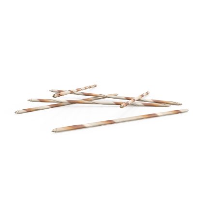 Five thin wooden sticks with a marbled brown and cream swirl pattern, scattered on a white background.