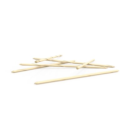 A pile of thin cream-colored wooden dowels, some twisted, scattered against a plain white background.