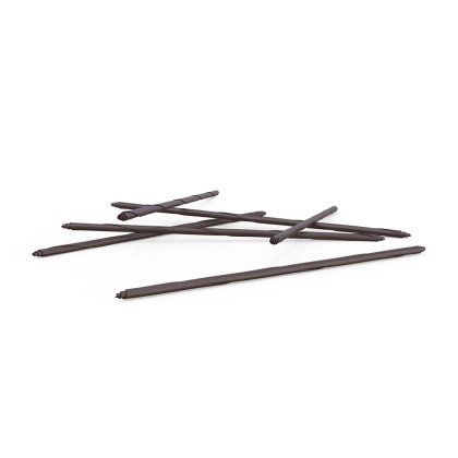 Several dark brown tent poles scattered and overlapping on a white background.