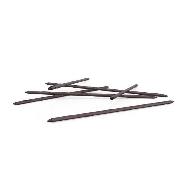 Several dark brown tent poles scattered and overlapping on a white background.