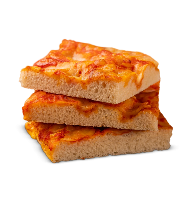 Three thick square slices of Sicilian-style pizza with tomato sauce and melted cheese, stacked on a white background.