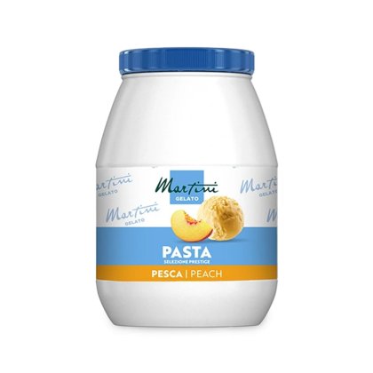 White plastic jar with blue lid labeled "Martini Gelato Pasta Selezione Prestige Pesca/Peach," showing a peach slice ...