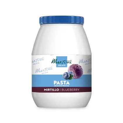 White plastic jar with blue lid labeled Martini Gelato Pasta Mirtillo Blueberry, featuring a blueberry gelato scoop g...