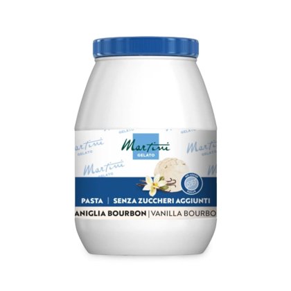 White plastic jar with blue lid labeled Martini Gelato Vanilla Bourbon paste, no added sugars, with vanilla pods on t...