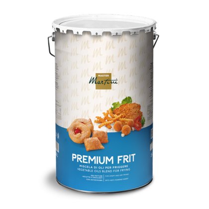 Metal pail of Master Martini Premium Frit vegetable oil blend for frying, labeled with fried food images.