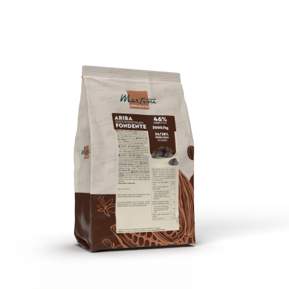 A stand-up bag of Martini Ariba Fondente 46% dark chocolate drops, brown and white packaging with nutritional label.