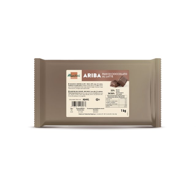 1kg beige plastic package of Martini Ariba milk chocolate blocks, 32% cocoa, with product label and chocolate pieces ...
