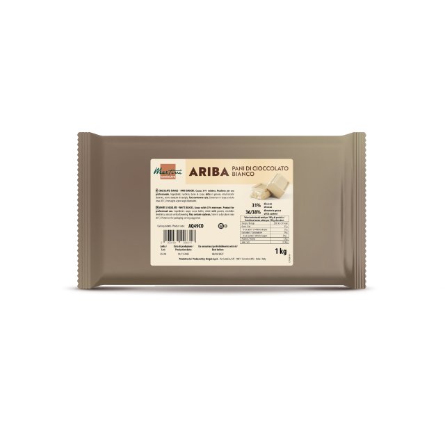 1kg package of Marchesi Ariba white chocolate blocks (Pani di Cioccolato Bianco), tan wrapper with nutrition label.