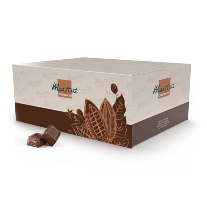 Cream and brown box of Martini Cioccolato with cacao pod graphics, next to two milk chocolate squares.