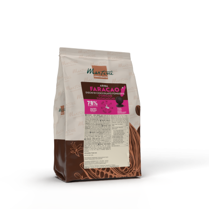 Bag of Martini Cioccolato Ariba Faracao 78% dark chocolate discs from Madagascar, brown and pink packaging.