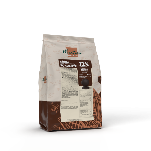 Bag of Martini Ariba Fondente 72% dark chocolate discs on a white background.