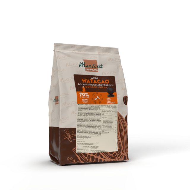 Bag of Martini Cioccolato Ariba Watacao 70% dark chocolate discs from Ghana, on a white background.