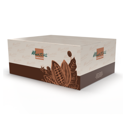 Cream and brown Martini Cioccolato packaging box with illustrated cacao pods and beans on the front and side panels.