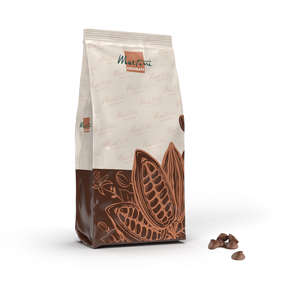 Bag of Martini Cioccolato with cocoa pod illustrations, next to a small pile of chocolate chips.