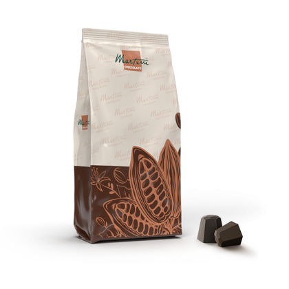 Cream and brown package of Martini Cioccolato with cocoa pod illustrations, beside two dark chocolate candies.