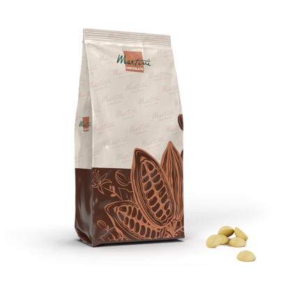Bag of Martini Cioccolato white chocolate discs with cocoa pod illustrations, small pile of chocolate wafers beside it.