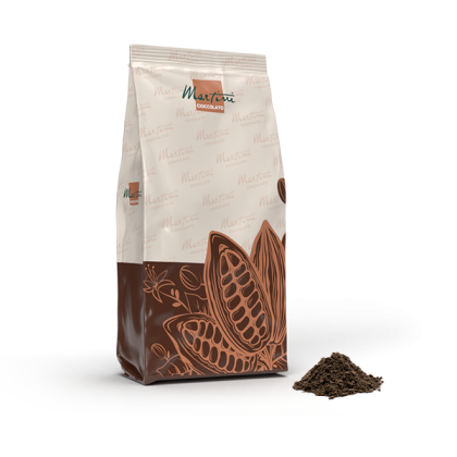 Bag of Martini Cioccolato cocoa powder with a cacao pod illustration, beside a small pile of loose cocoa powder.