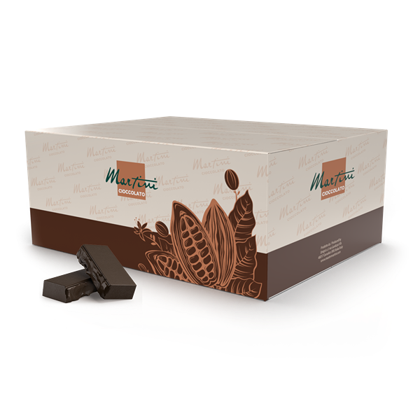 Cream and brown box of Martini Cioccolato with cocoa pod graphics, beside two stacked dark chocolate bars.