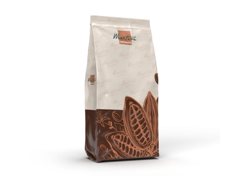Standing pouch of Martini Cioccolato hot chocolate mix with cream label and brown cocoa pod illustrations.
