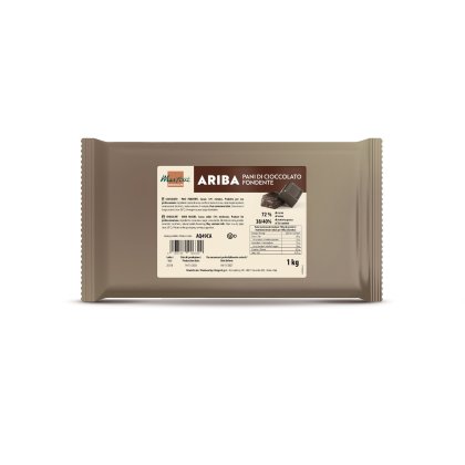 A 1kg bag of Martorani Ariba dark chocolate baking blocks, 72% cocoa, with nutritional label on beige packaging.