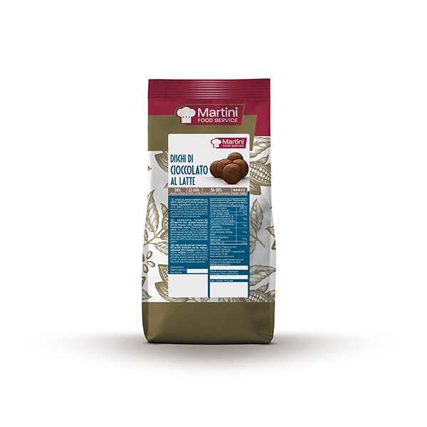 Bag of Martini Food Service milk chocolate discs (Dischi di Cioccolato al Latte) with cocoa-themed packaging design.