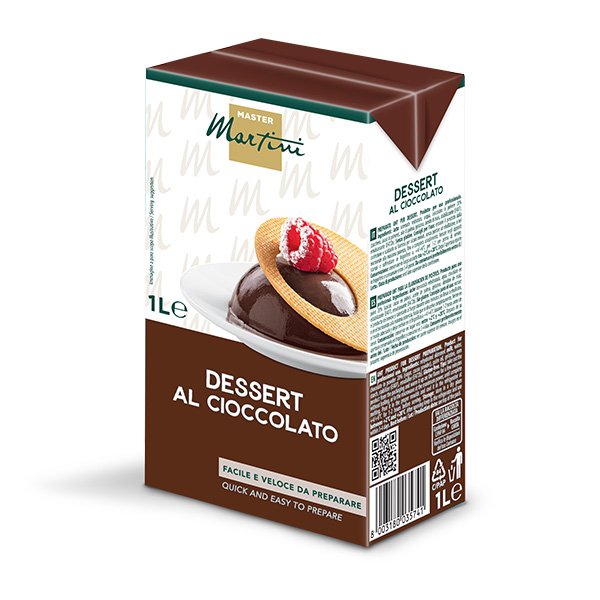 1L carton of Master Martini Dessert al Cioccolato, showing a chocolate pudding topped with raspberries on a wafer.