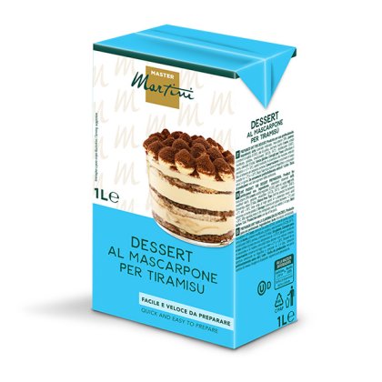 1L carton of Master Martini mascarpone dessert mix for tiramisu, featuring a layered tiramisu photo on blue packaging.