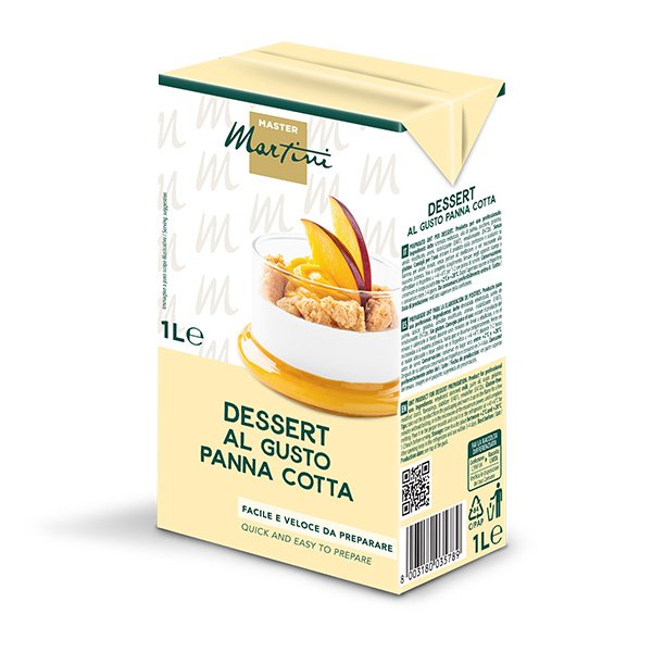 1L carton of Master Martini panna cotta flavored dessert mix, cream shown in a glass topped with peach slices.