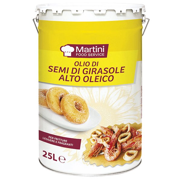 25L metal tin of Martini Food Service high oleic sunflower seed oil, labeled for frying, with donuts and fried seafood.