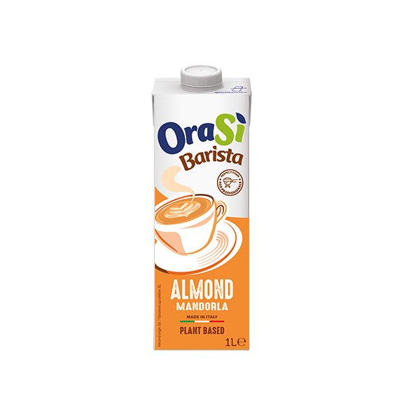 1L carton of OraSì Barista Almond plant-based milk, orange packaging with latte cup graphic, made in Italy.