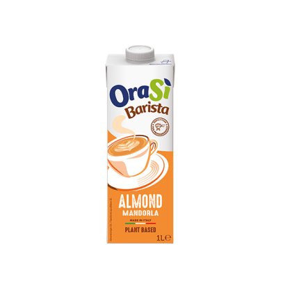 1L carton of OraSì Barista Almond plant-based milk, orange packaging with latte cup graphic, made in Italy.