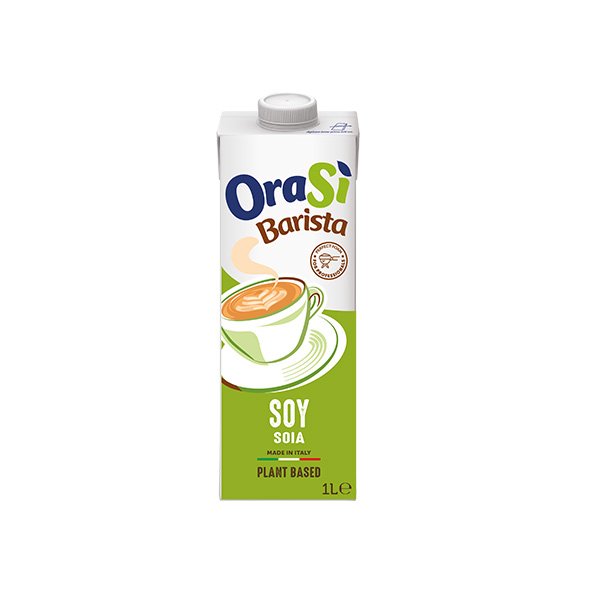 1-liter carton of OraSì Barista soy plant-based drink with green label and latte cup graphic, made in Italy.