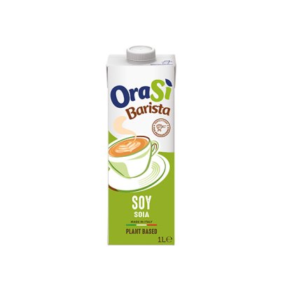 1-liter carton of OraSì Barista soy plant-based drink with green label and latte cup graphic, made in Italy.