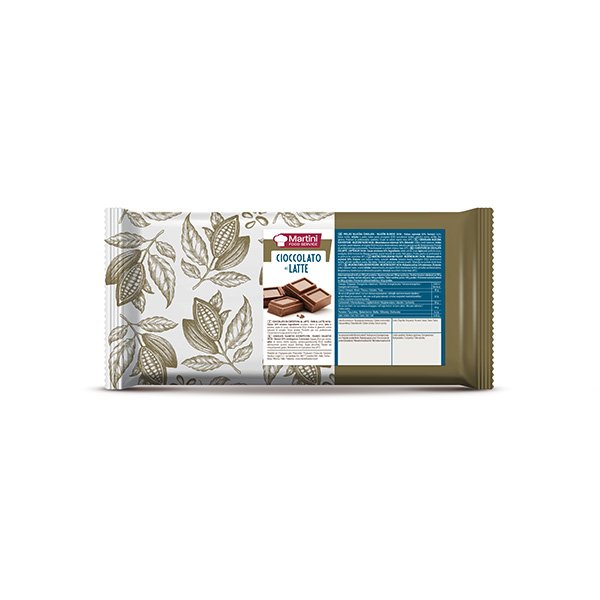 Martini Food Service milk chocolate bar package with cocoa pod illustrations and nutrition label on the wrapper.